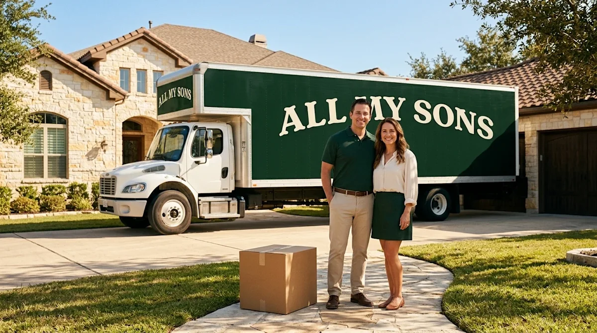 Professional lifestyle marketing photography of a relaxed, smiling couple enjoying a stress-free moving day standing in front