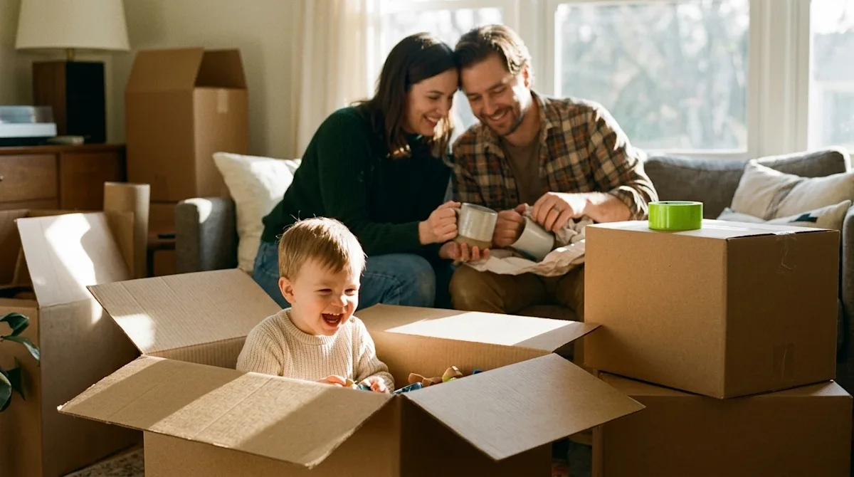 Candid, documentary-style 35mm film photography of a joyful toddler sitting playfully inside an open kraft brown cardboard mo