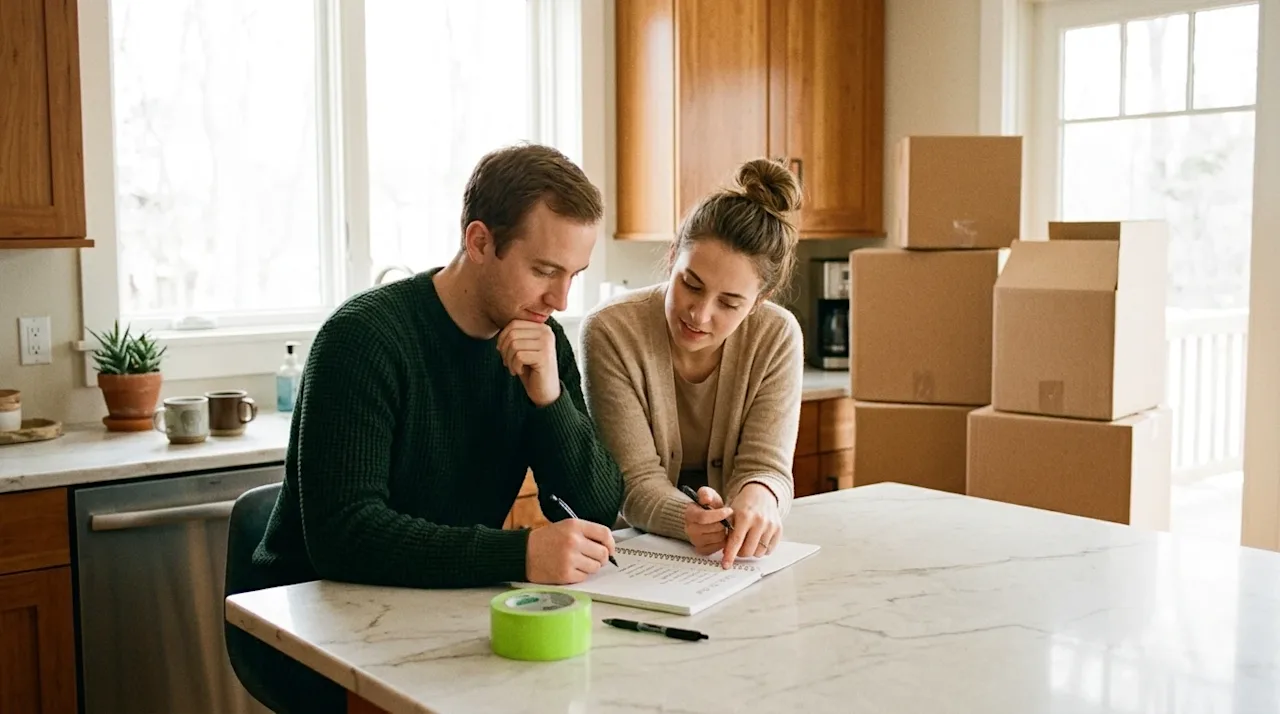 Candid lifestyle photography of a young couple planning their move in a warm, sunlit, cozy kitchen. They are sitting at an of