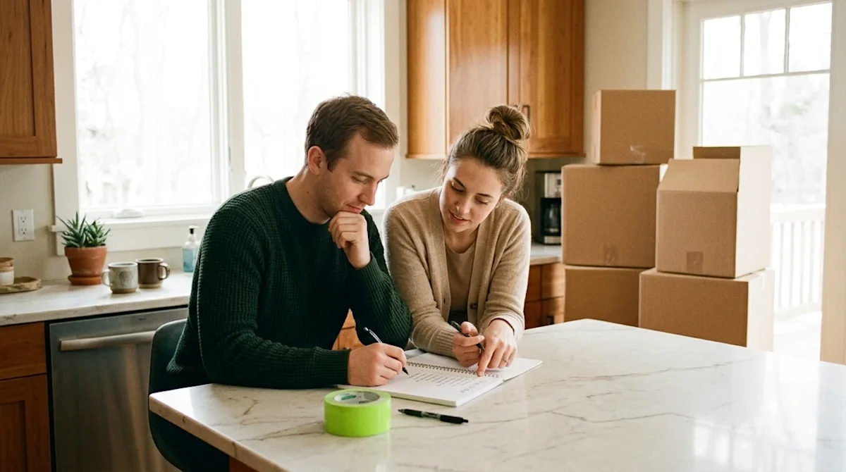 Candid lifestyle photography of a young couple planning their move in a warm, sunlit, cozy kitchen. They are sitting at an of
