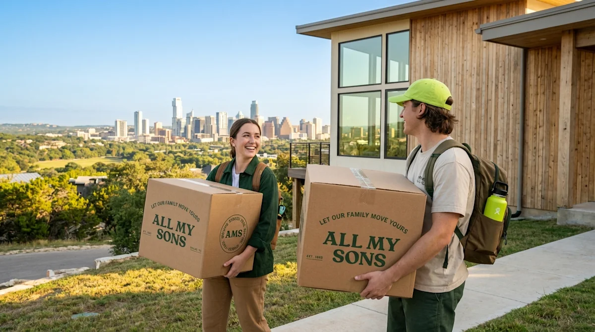Smiling couple carrying All My Sons moving boxes toward a modern home with the Austin skyline in the background.