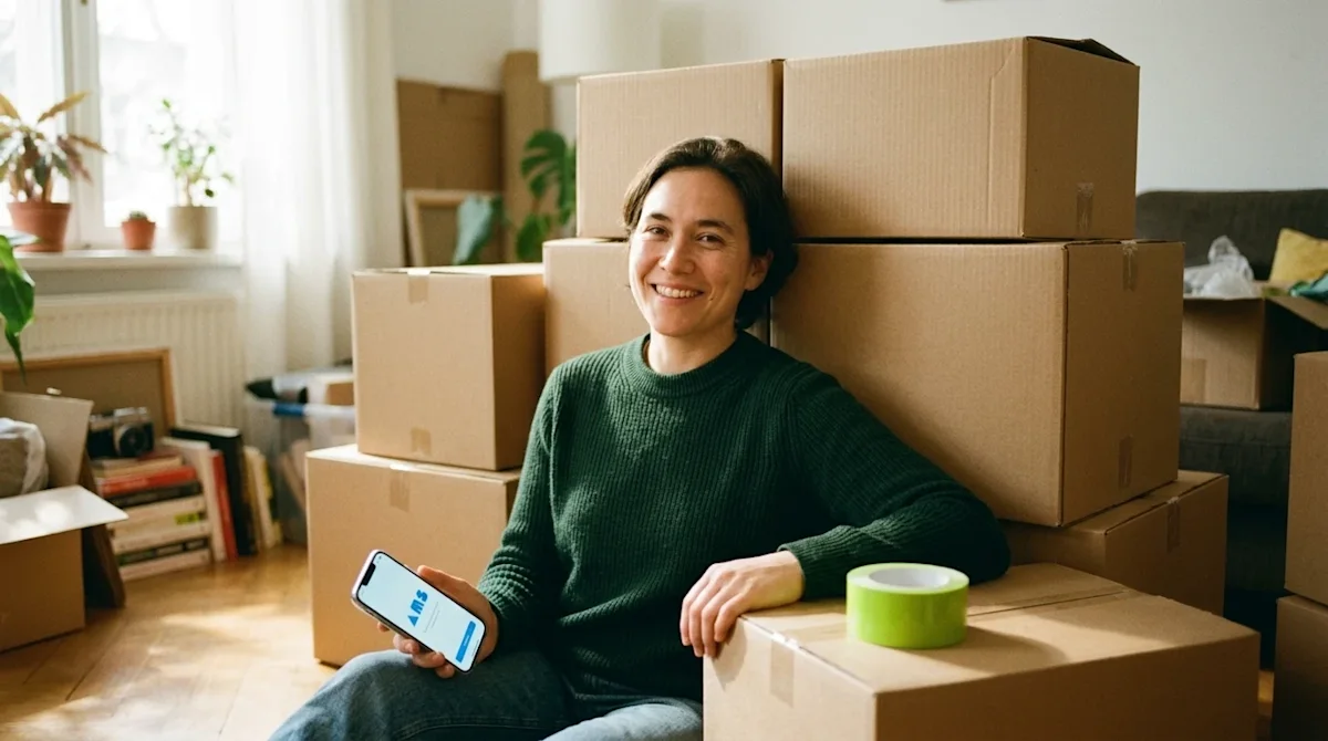 A candid 35mm film photograph of a relaxed, smiling person sitting comfortably among a neatly organized stack of plain cardbo