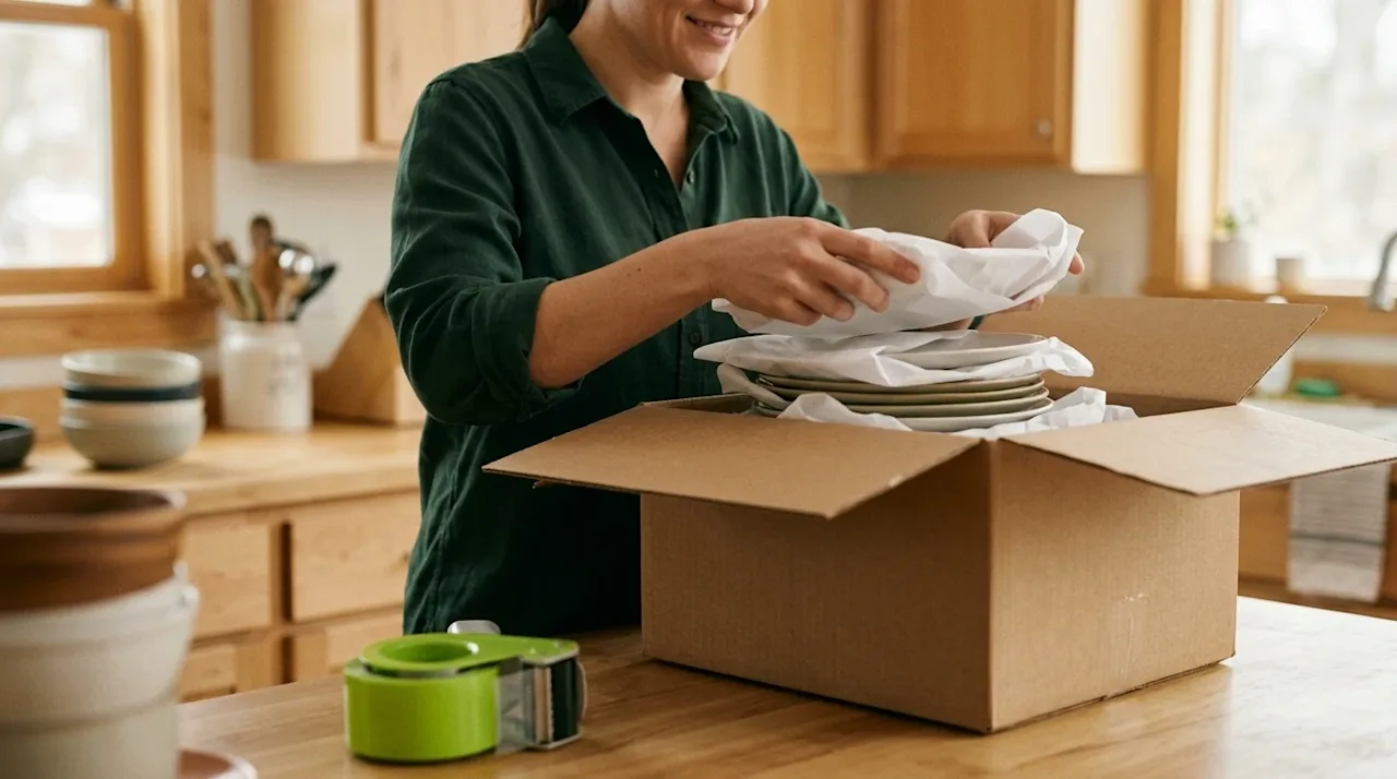 A candid, authentic lifestyle photograph of a person carefully wrapping ceramic plates in packing paper and placing them into