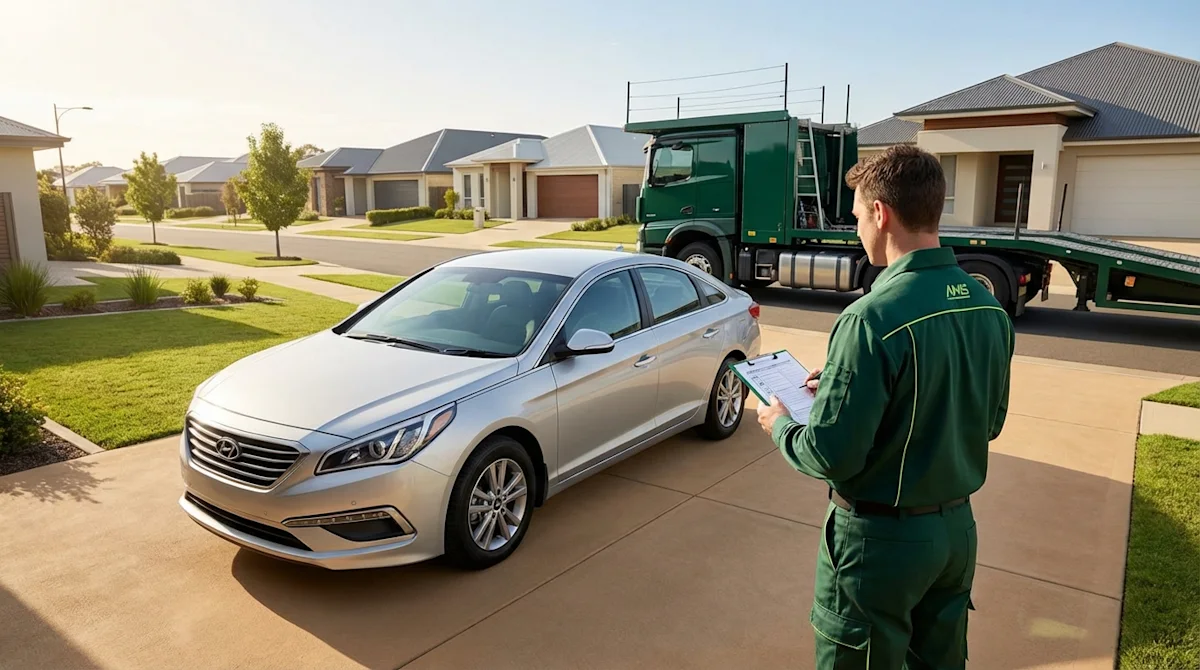 Professional auto transport vehicle inspection on a residential driveway with a green car carrier truck in the background.