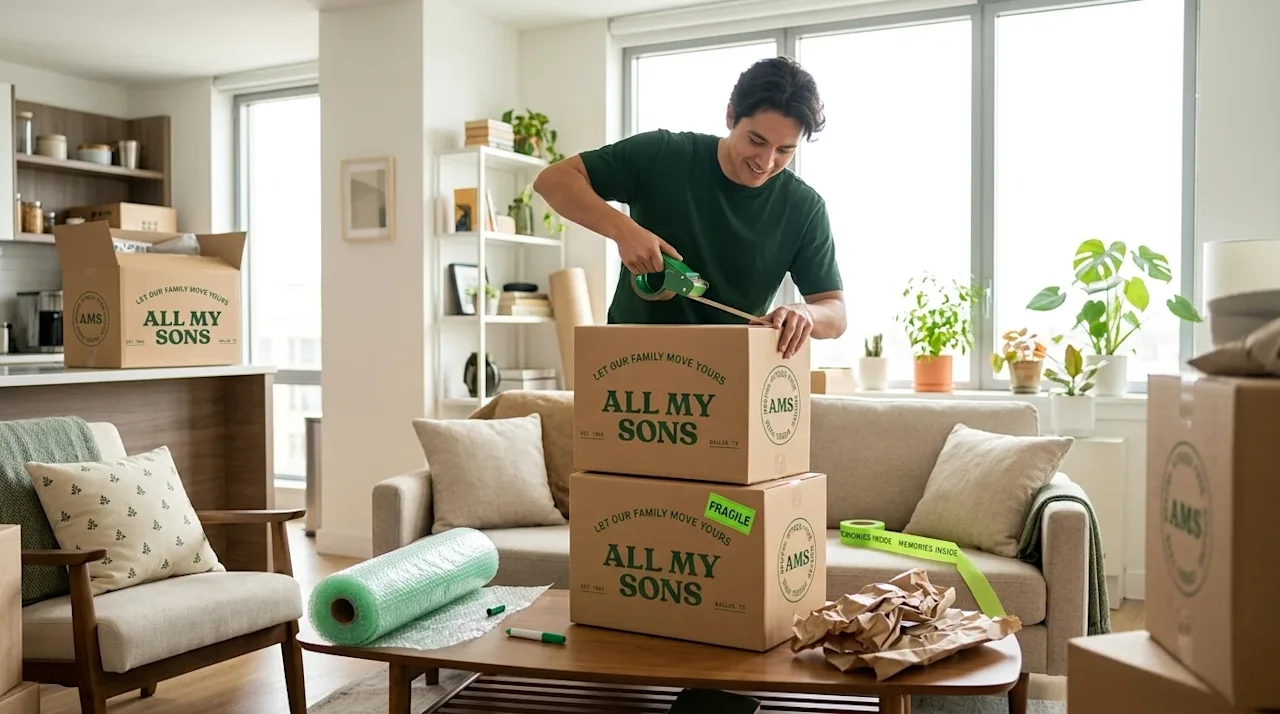 Photorealistic lifestyle photography of a bright, modern apartment interior bustling with efficient packing activity. A perso