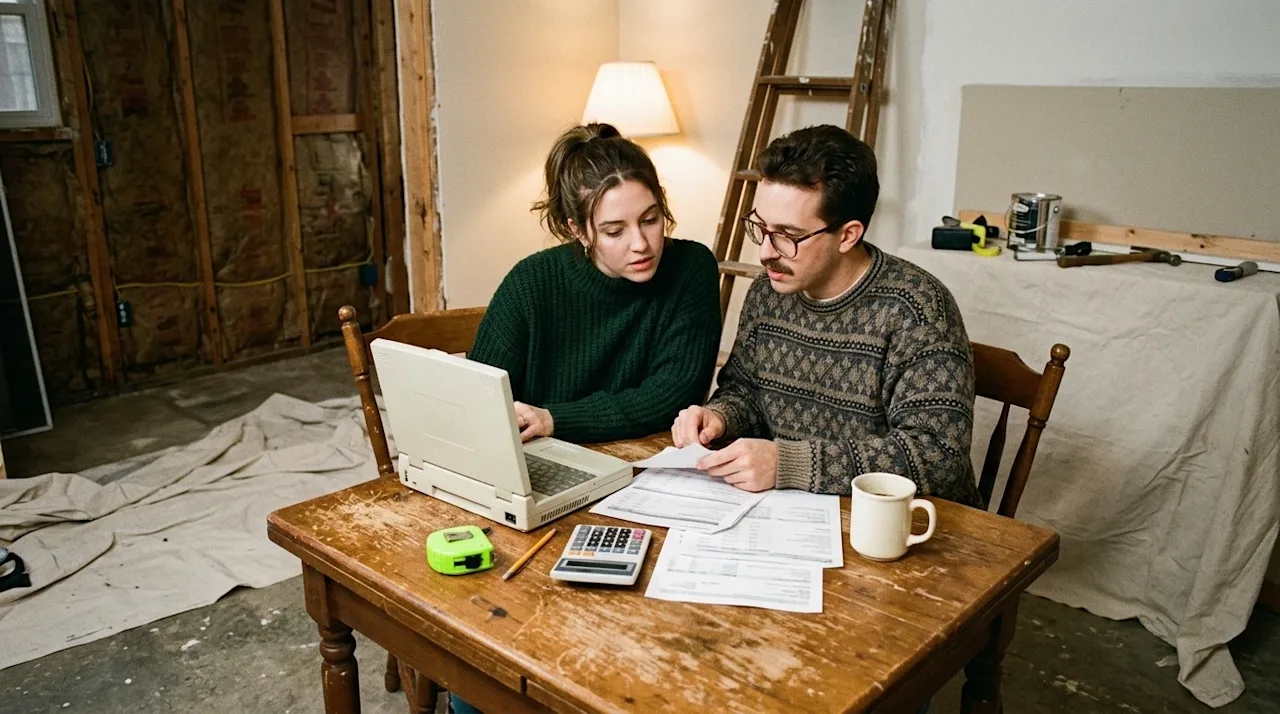 A candid, photorealistic lifestyle photograph of a young couple sitting at a rustic wooden table in the middle of a partially