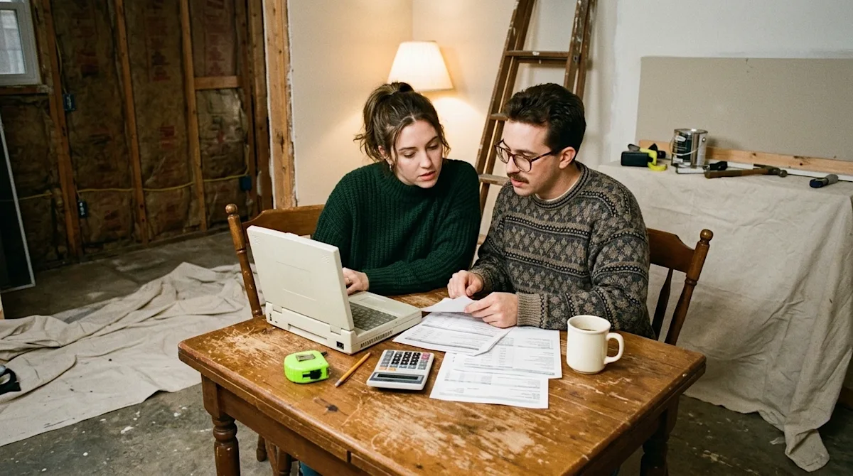 A candid, photorealistic lifestyle photograph of a young couple sitting at a rustic wooden table in the middle of a partially