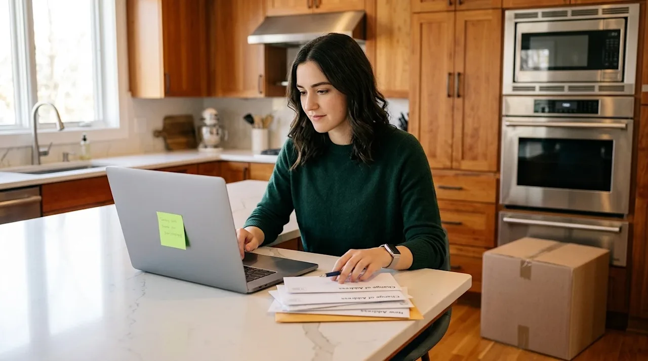 Professional lifestyle marketing photography of a young woman sitting at a bright, modern kitchen island, updating her inform