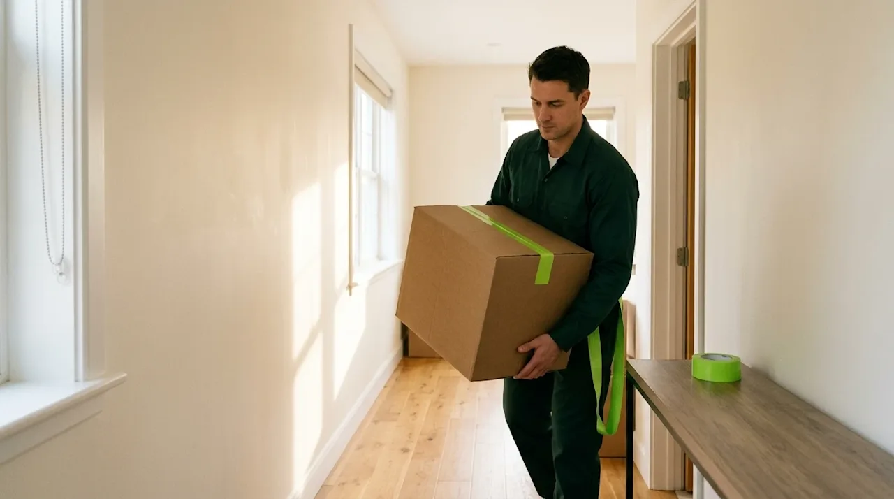 A high-quality, authentic lifestyle photograph of a professional mover demonstrating safe moving practices inside a clean, br