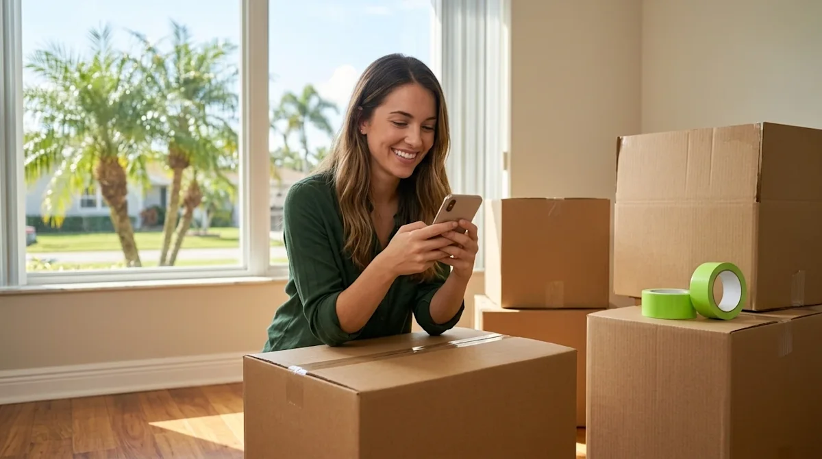 High-quality lifestyle photography of a smiling young woman sitting comfortably on a neatly sealed kraft brown moving box in