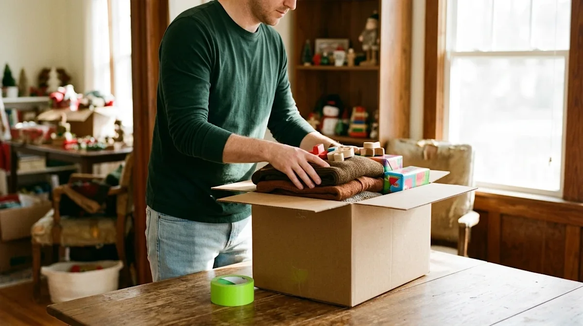 Candid, warm lifestyle photography of a person preparing unwanted holiday gifts for donation in a sunlit room. A person weari