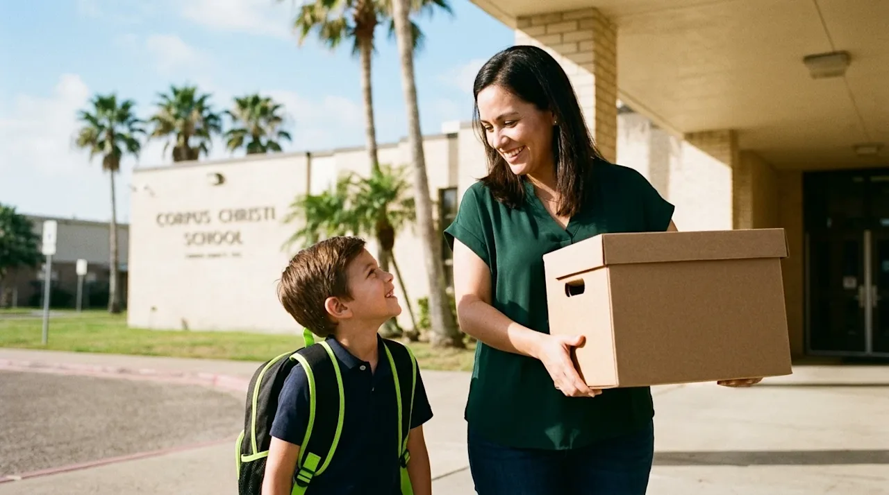 Candid lifestyle photography of a smiling mother and her elementary-aged child walking towards a welcoming, sunny school buil
