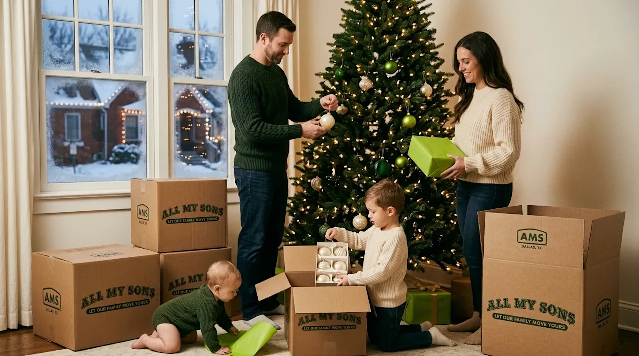 A candid, high-quality lifestyle photograph of a family unpacking in their new home during the holidays, capturing the spirit