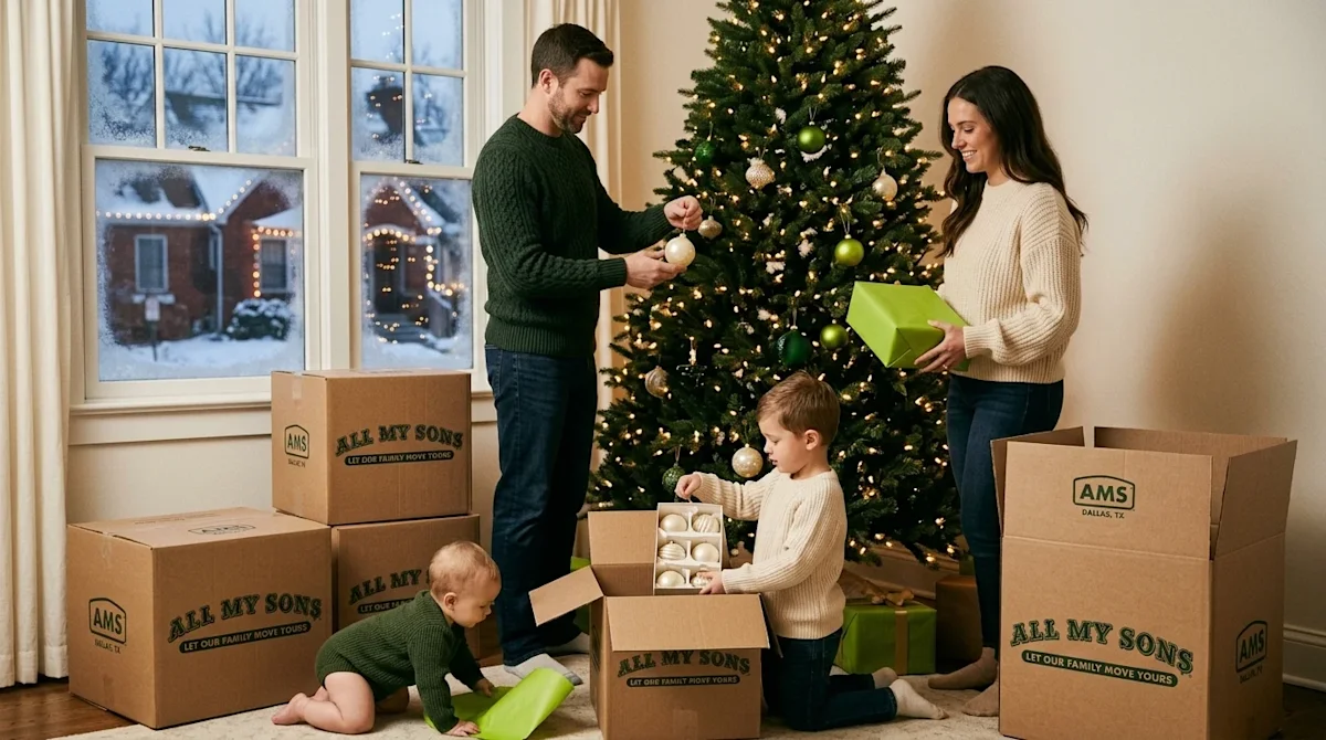 A candid, high-quality lifestyle photograph of a family unpacking in their new home during the holidays, capturing the spirit