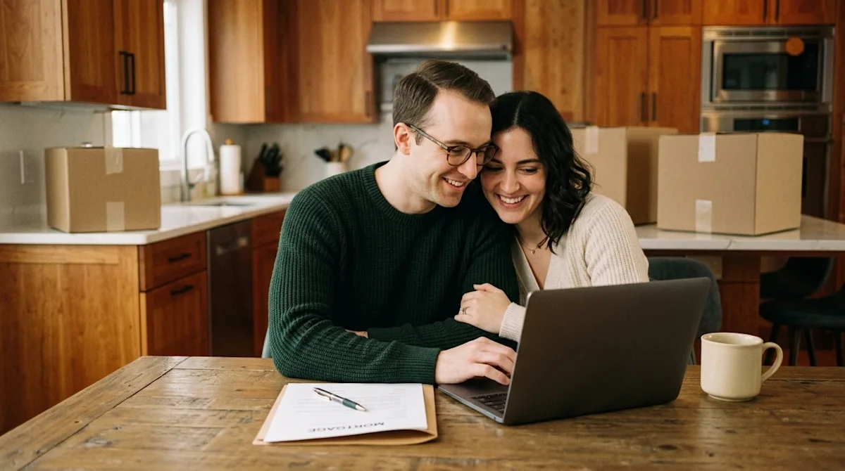 Professional marketing lifestyle photography of a happy, relatable young couple sitting together at a warm wooden dining tabl