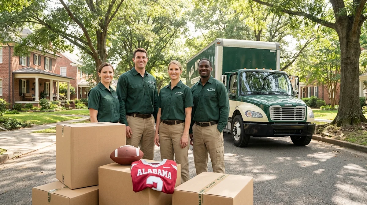 Professional movers in green uniforms with a truck, football, and crimson jersey on a sunny Birmingham street.