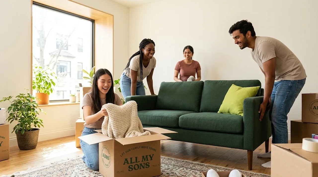 Professional marketing lifestyle photography of a diverse group of three young adults happily unpacking and setting up their