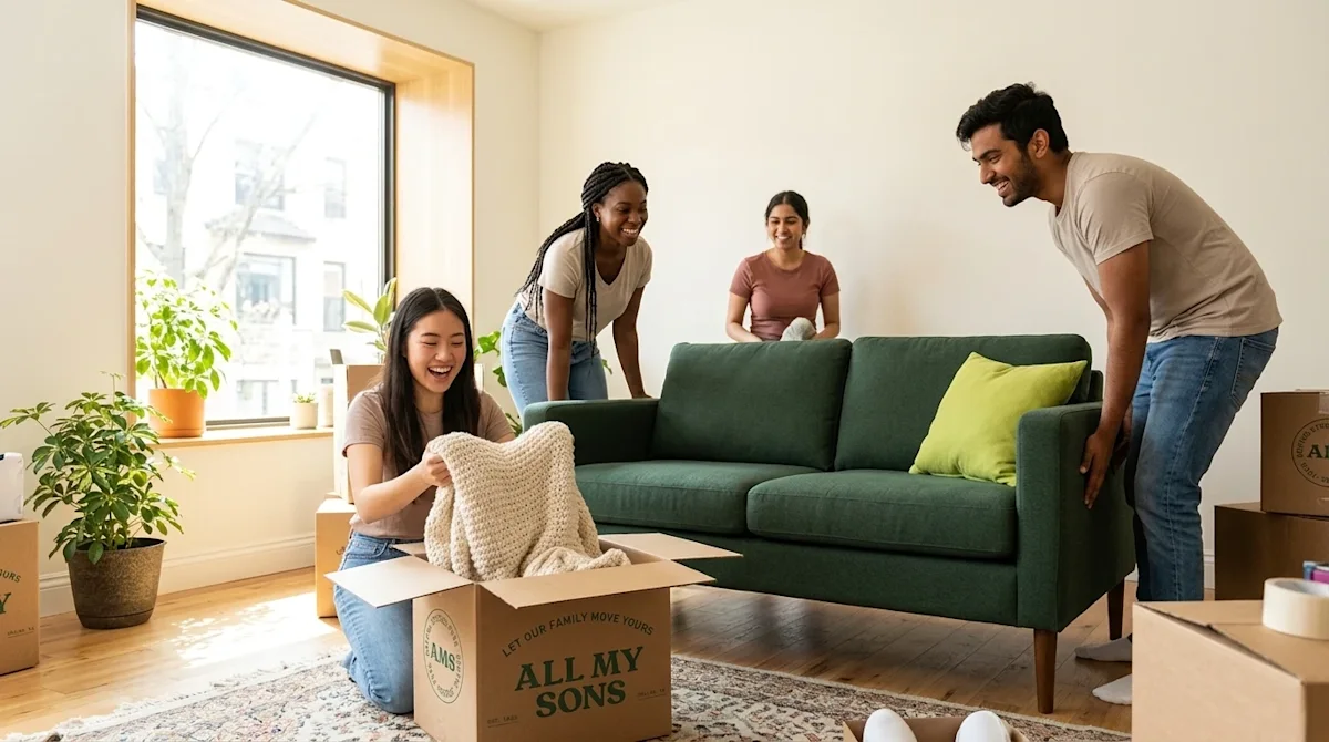 Professional marketing lifestyle photography of a diverse group of three young adults happily unpacking and setting up their