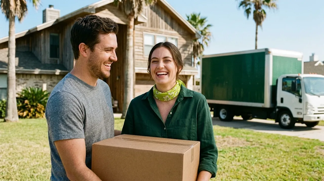 Candid lifestyle photography of a happy couple holding warm brown cardboard moving boxes on the sunny front lawn of a beautif