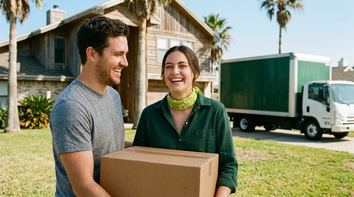 Candid lifestyle photography of a happy couple holding warm brown cardboard moving boxes on the sunny front lawn of a beautif