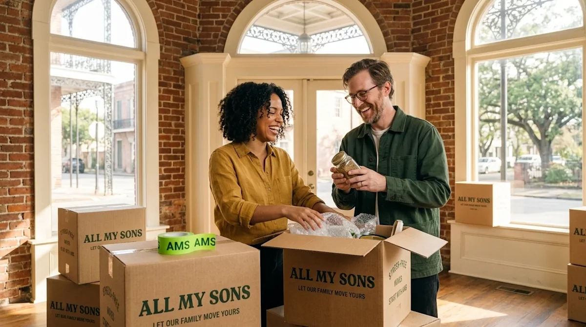 A candid, warm lifestyle photograph of two smiling small business owners unpacking cardboard moving boxes inside a bright, ne