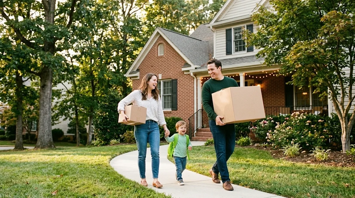 Candid lifestyle photography of a joyful family arriving at their new suburban home in Columbia, Maryland. The family, consis