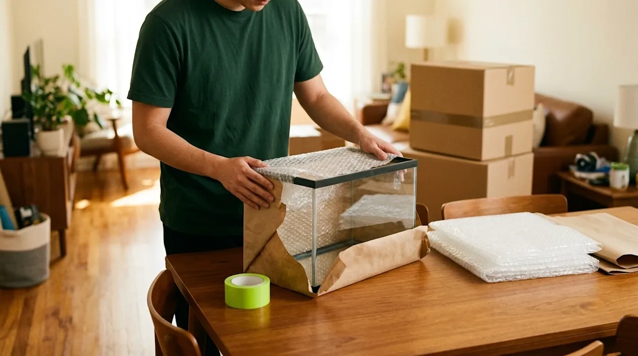 Candid lifestyle photography of a careful moving process. A person wearing a dark forest green t-shirt is gently and securely