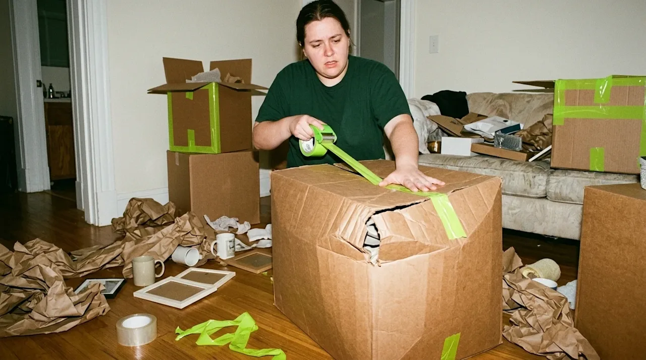 A candid, authentic 35mm film style photograph illustrating a common moving mistake. A person looking slightly overwhelmed is