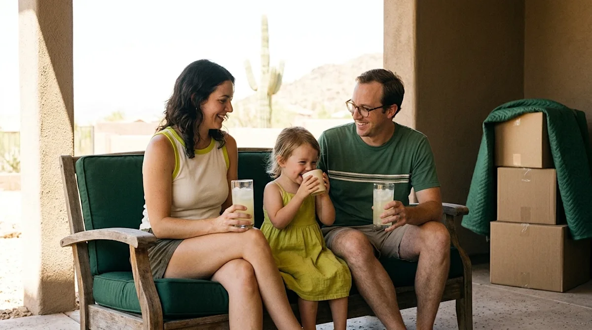 Authentic lifestyle 35mm film photography of a family relaxing and escaping the summer heat on a cool, heavily shaded patio i