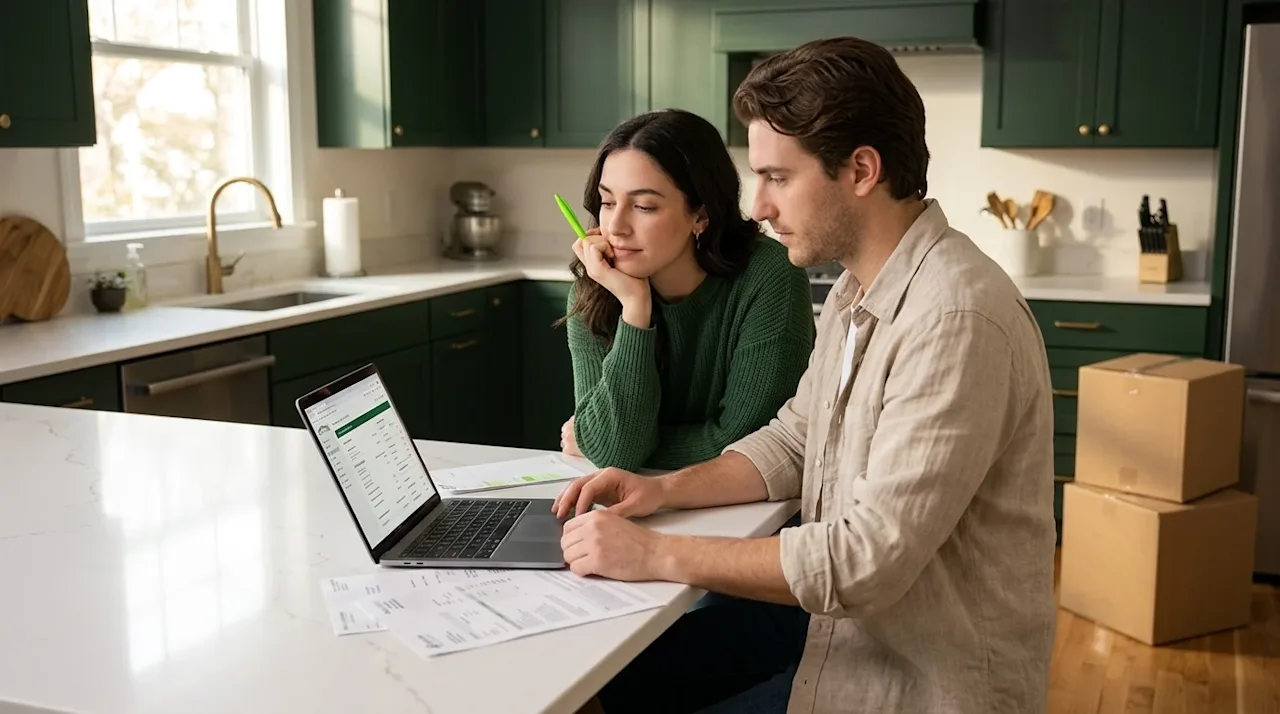 Clear professional marketing photography, full-bleed, no borders or frames. A young, relatable couple sitting at a modern hom