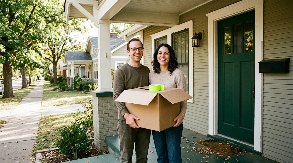 Candid 35mm film lifestyle photography of a happy couple standing on the front porch of a charming, welcoming craftsman-style