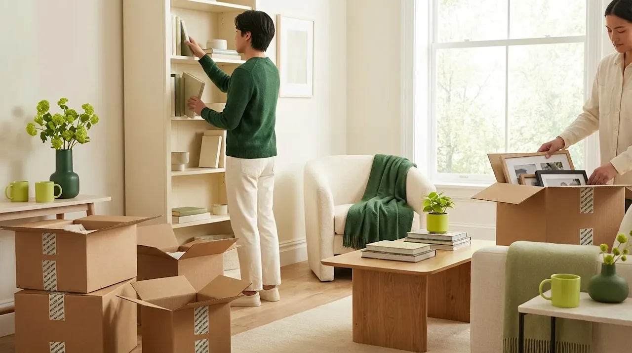 A couple unpacking moving boxes in a bright, modern living room with green and cream accents during a house move.