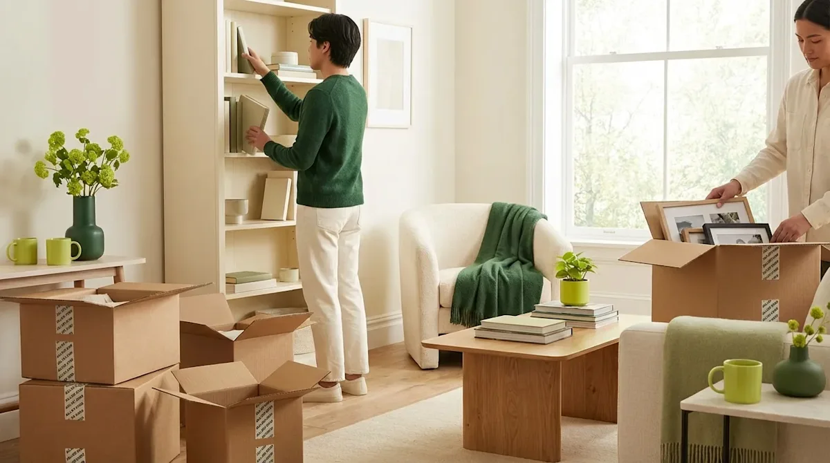 A couple unpacking moving boxes in a bright, modern living room with green and cream accents during a house move.