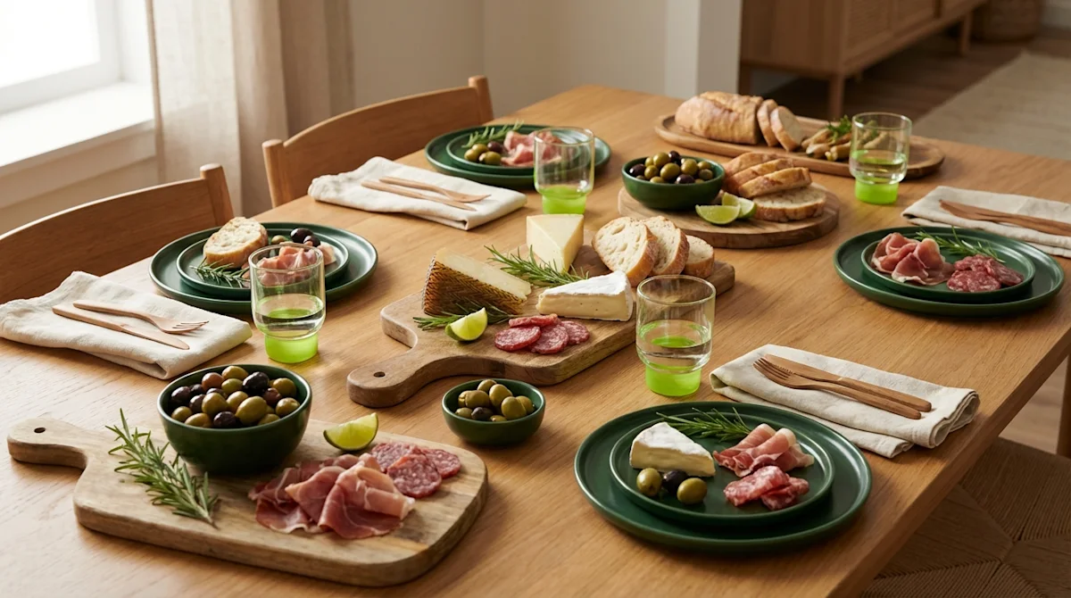 Housewarming tapas party with forest green plates, artisan cheeses, and meats on a warm wooden dining table.