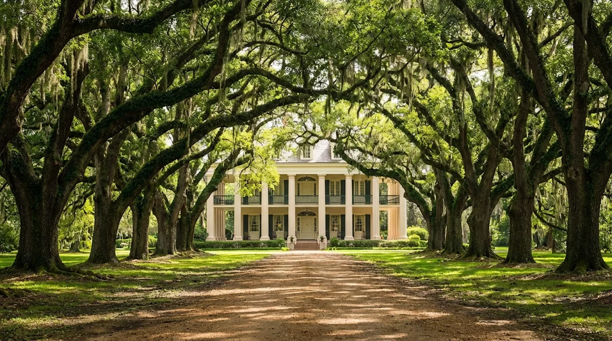 Scenic antebellum home in Baton Rouge framed by a grand avenue of live oak trees and Spanish moss.