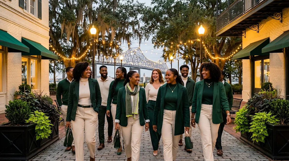 Group of stylish professionals walking through the Baton Rouge entertainment district at dusk near the bridge.