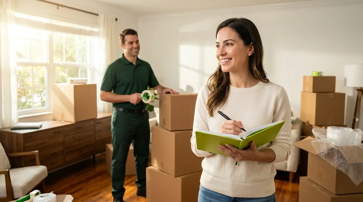 A high-quality, candid lifestyle photograph of a smiling customer in a bright, sunlit home interior, holding a notebook and p