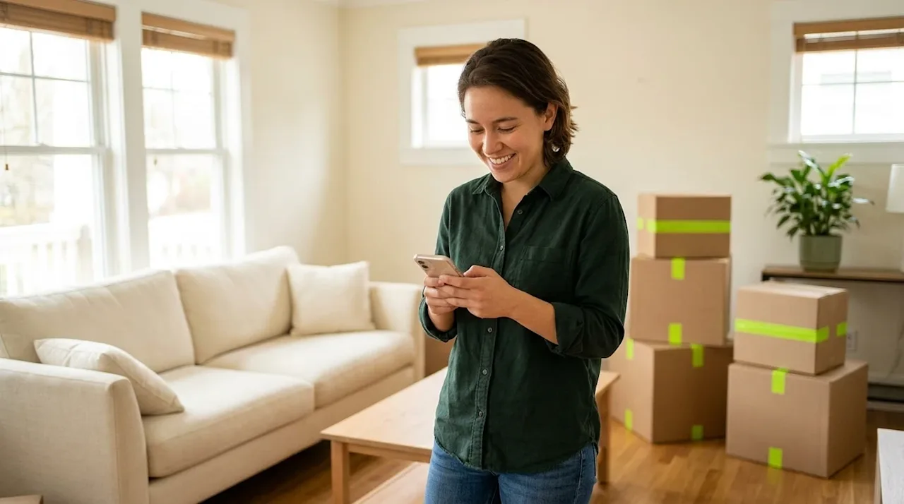 Clear, professional lifestyle marketing photography of a smiling young adult standing in a sunlit, welcoming living room, loo