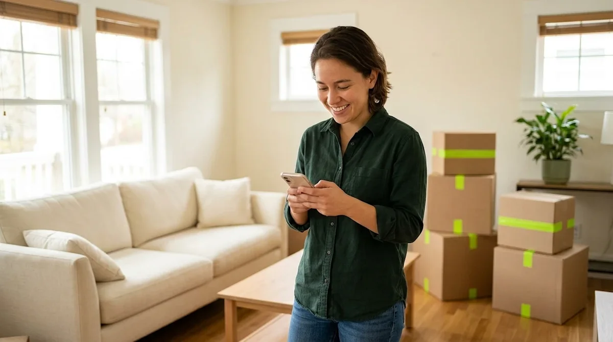 Clear, professional lifestyle marketing photography of a smiling young adult standing in a sunlit, welcoming living room, loo