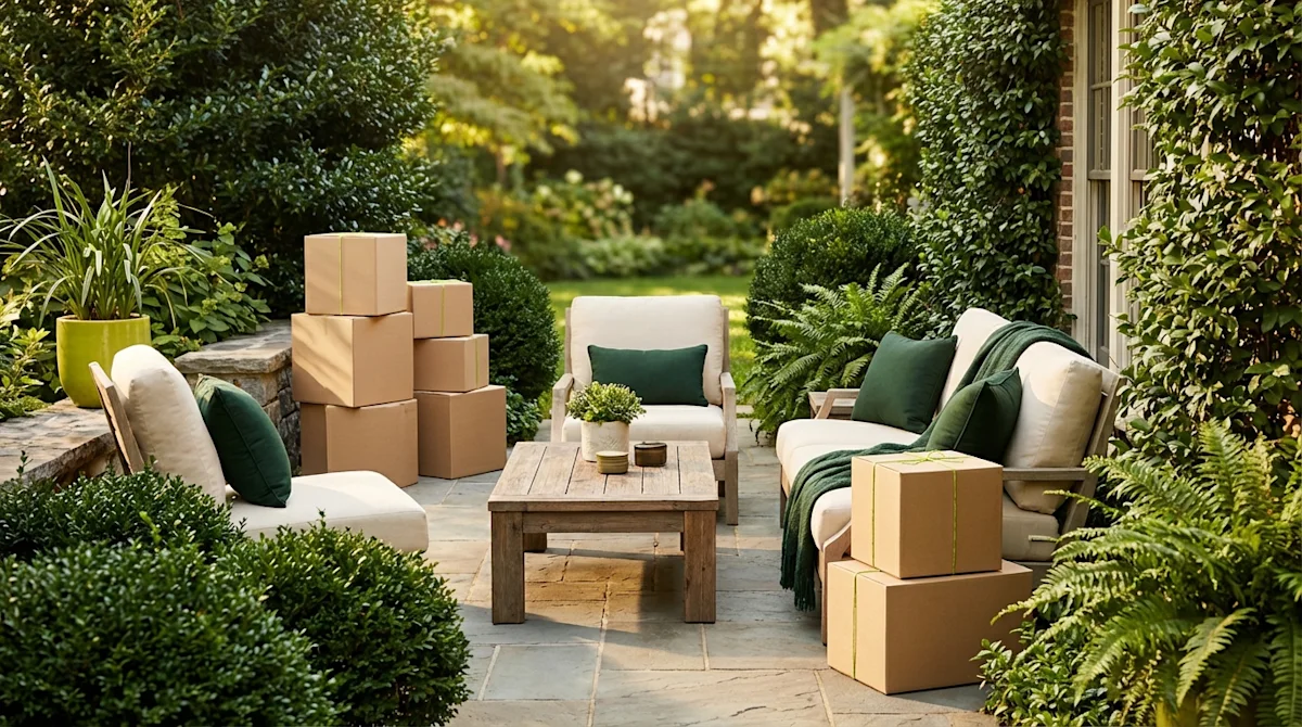 Moving boxes stacked on a furnished outdoor patio with cream seating and lush greenery.