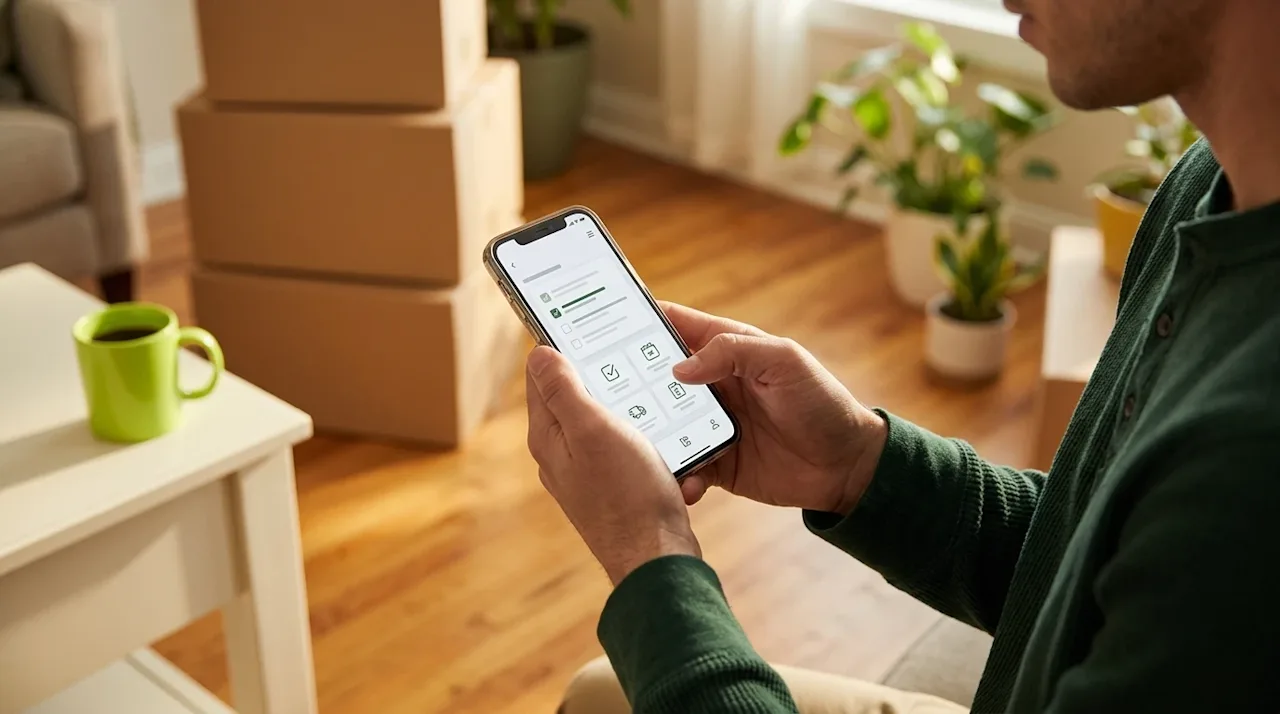 A photorealistic lifestyle photograph of a person's hands holding a modern smartphone, interacting with a clean mobile app in