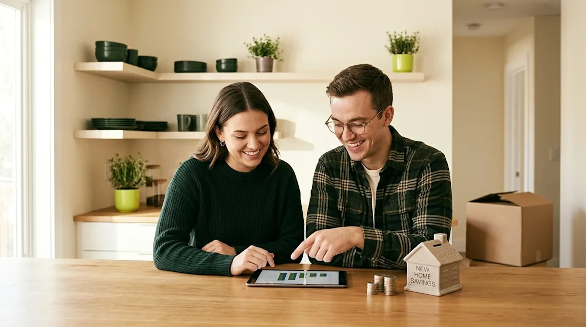 Professional marketing photography, warm and authentic film-like aesthetic. A happy young couple sitting at a smooth wooden k
