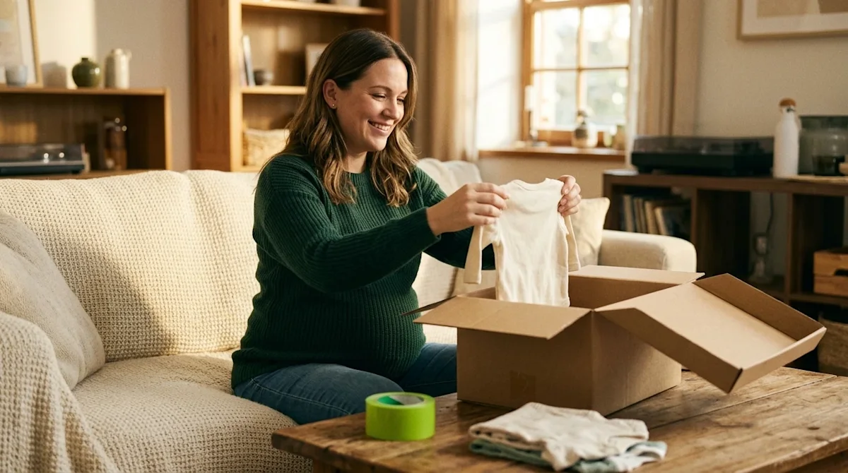 A smiling pregnant woman safely preparing for a move, putting things in boxes, sitting comfortably on a plush cream-colored couch.