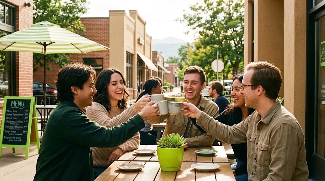 Candid lifestyle 35mm film photography of a cheerful, diverse group of young adults socializing, laughing, and clinking coffe