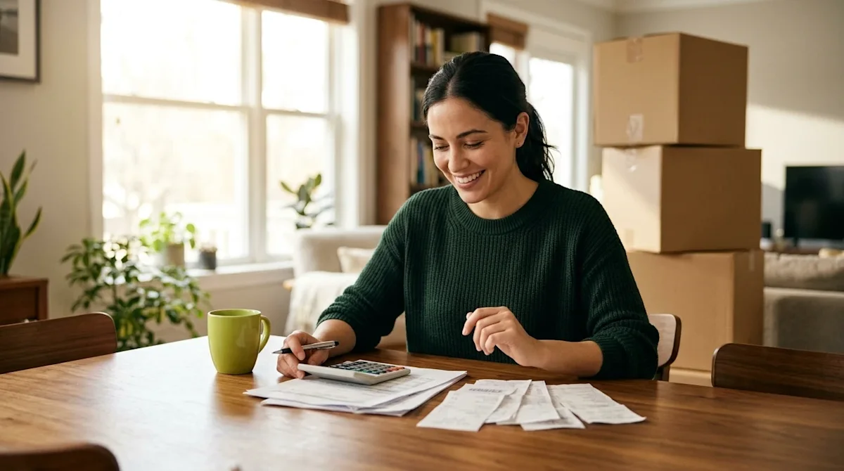 Candid lifestyle photography of a smiling person sitting at a warm wooden dining table in a naturally lit, comfortable home,