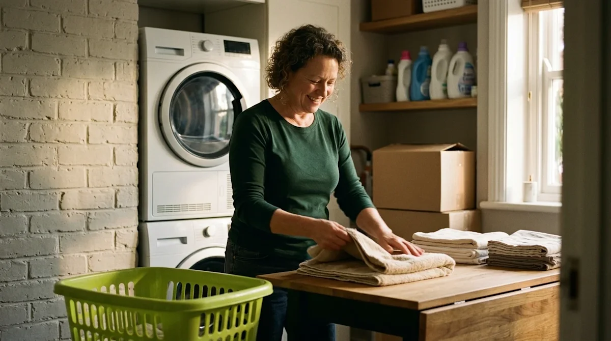 Authentic lifestyle photography shot on 35mm film of a smiling person standing in a warmly lit, cozy laundry room folding clo