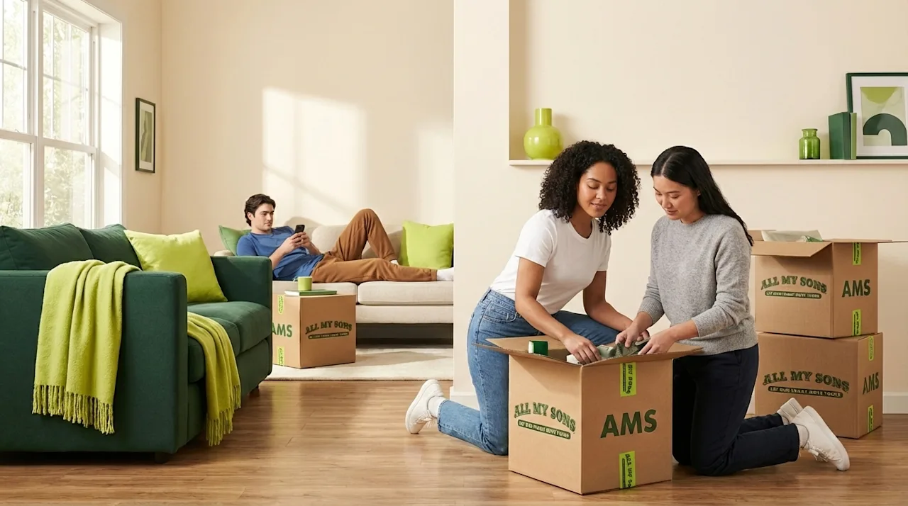 Two women pack an All My Sons moving box while a man relaxes on a couch in a bright living room with green accents and unpacked boxes.