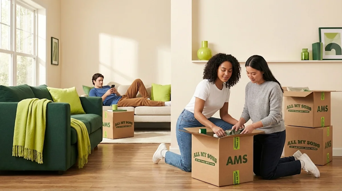 Two women pack an All My Sons moving box while a man relaxes on a couch in a bright living room with green accents and unpacked boxes.