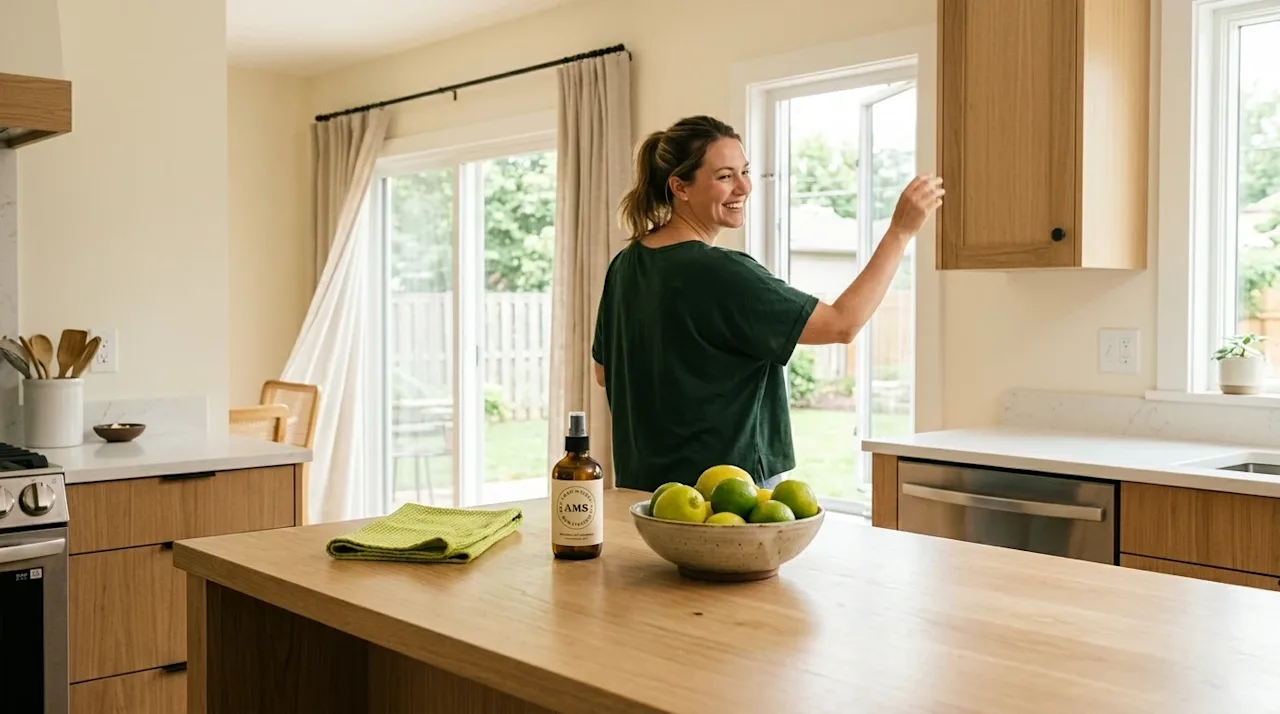 Clear, professional marketing photography of a bright, welcoming home interior. A woman is actively refreshing her home to ta