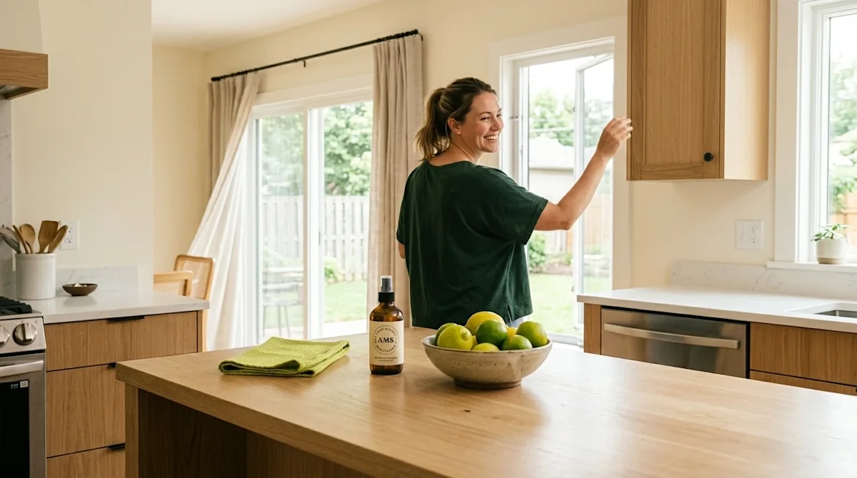 Clear, professional marketing photography of a bright, welcoming home interior. A woman is actively refreshing her home to ta